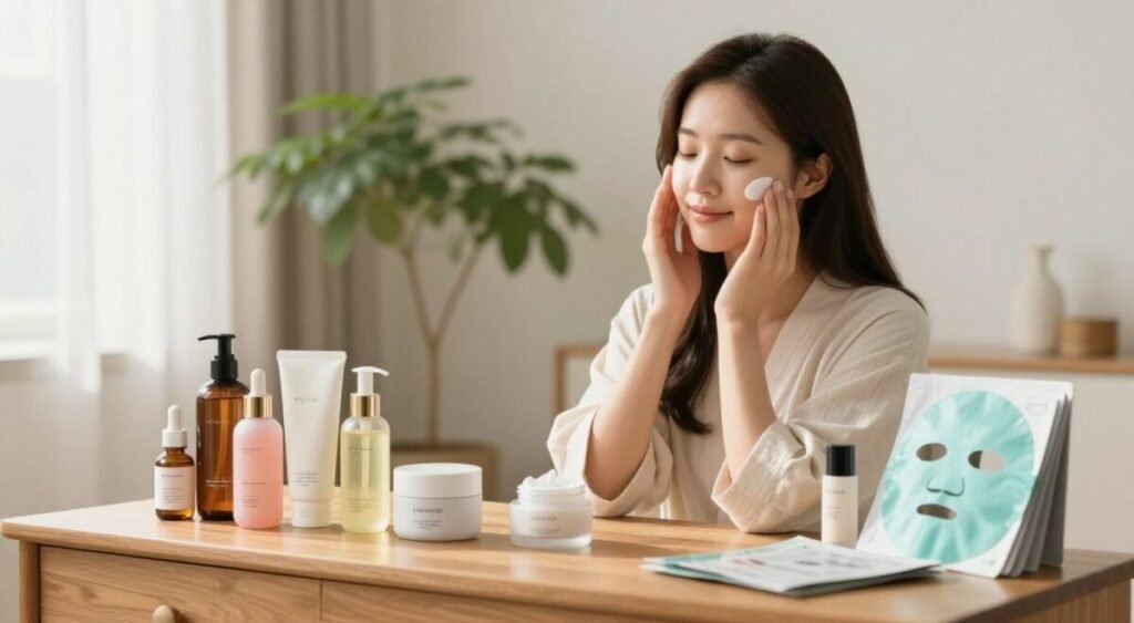 A serene skincare setting showcasing a beautifully arranged Korean skincare routine for young skin. In the foreground, display an elegant wooden vanity adorned with an array of colorful skincare products, including serums, moisturizers, and masks, all neatly labeled. In the middle, a young woman with glowing, healthy skin gently applies a cream, dressed in a modest, light-colored robe, radiating tranquility and confidence. Soft, natural light spills into the scene, creating a warm and inviting atmosphere. The background features a lush green plant and a soft-focus curtain to enhance the peaceful vibe, evoking a sense of self-care and rejuvenation, perfect for the practice of Korean skincare. A serene skincare setting showcasing a beautifully arranged Korean skincare routine for young skin. In the foreground, display an elegant wooden vanity adorned with an array of colorful skincare products, including serums, moisturizers, and masks, all neatly labeled. In the middle, a young woman with glowing, healthy skin gently applies a cream, dressed in a modest, light-colored robe, radiating tranquility and confidence. Soft, natural light spills into the scene, creating a warm and inviting atmosphere. The background features a lush green plant and a soft-focus curtain to enhance the peaceful vibe, evoking a sense of self-care and rejuvenation, perfect for the practice of Korean skincare.
