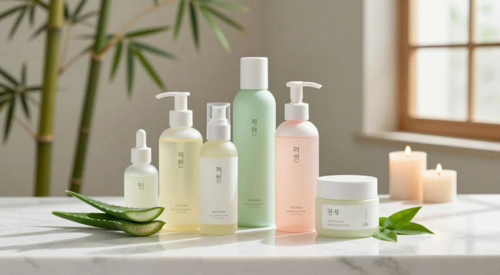 A visually appealing arrangement of elegant Korean skincare products displayed on a clean marble surface. In the foreground, there are beautifully designed bottles and jars, featuring pastel colors and modern minimalist labels, alongside natural ingredients like aloe vera and green tea leaves. The middle ground showcases a soft-focus background with hints of a serene indoor setting, perhaps a bamboo plant gently swaying, and a few delicate candles adding warmth. Natural light streams from a window, creating soft shadows and highlighting the textures of the products. The overall mood is tranquil and inviting, emphasizing a sense of self-care and beauty.
