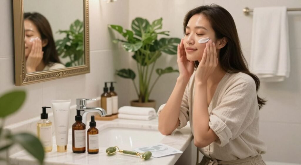 An elegant skincare setup featuring a young Asian woman in a cozy, stylish bathroom, applying a gentle moisturizer to her glowing skin. She's dressed in a modest, casual outfit, radiating a sense of calm and confidence. The foreground showcases an array of skincare products, including serums, a jade roller, and a face mask, all beautifully arranged on a marble countertop. The middle ground captures the woman in soft, natural lighting, with a slight reflection in a chic mirror above the sink. In the background, lush green plants and soft towels add a serene atmosphere. The overall mood is tranquil and inspiring, highlighting simple daily skincare tips for achieving flawless skin. An elegant skincare setup featuring a young Asian woman in a cozy, stylish bathroom, applying a gentle moisturizer to her glowing skin. She's dressed in a modest, casual outfit, radiating a sense of calm and confidence. The foreground showcases an array of skincare products, including serums, a jade roller, and a face mask, all beautifully arranged on a marble countertop. The middle ground captures the woman in soft, natural lighting, with a slight reflection in a chic mirror above the sink. In the background, lush green plants and soft towels add a serene atmosphere. The overall mood is tranquil and inspiring, highlighting simple daily skincare tips for achieving flawless skin.