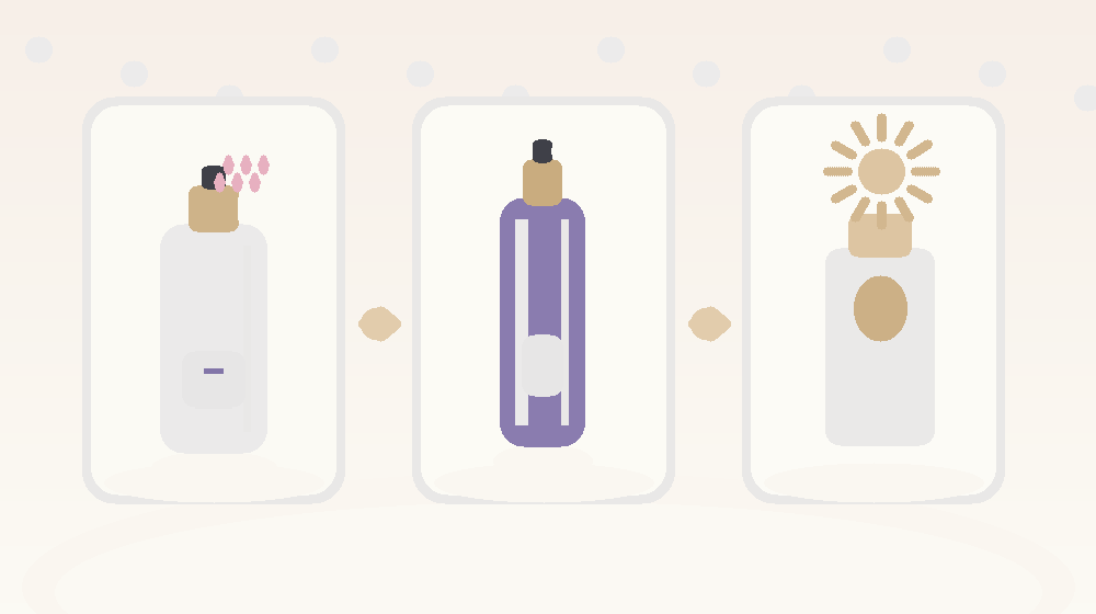 Niacinamida na Pele: Benefícios, Como Usar e Cuidados 1 Ilustração de limpeza, sérum e proteção solar na rotina de skincare
