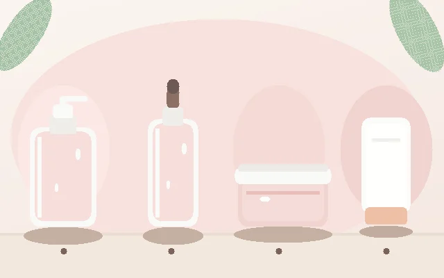 Ilustração de limpeza, sérum, hidratante e protetor solar